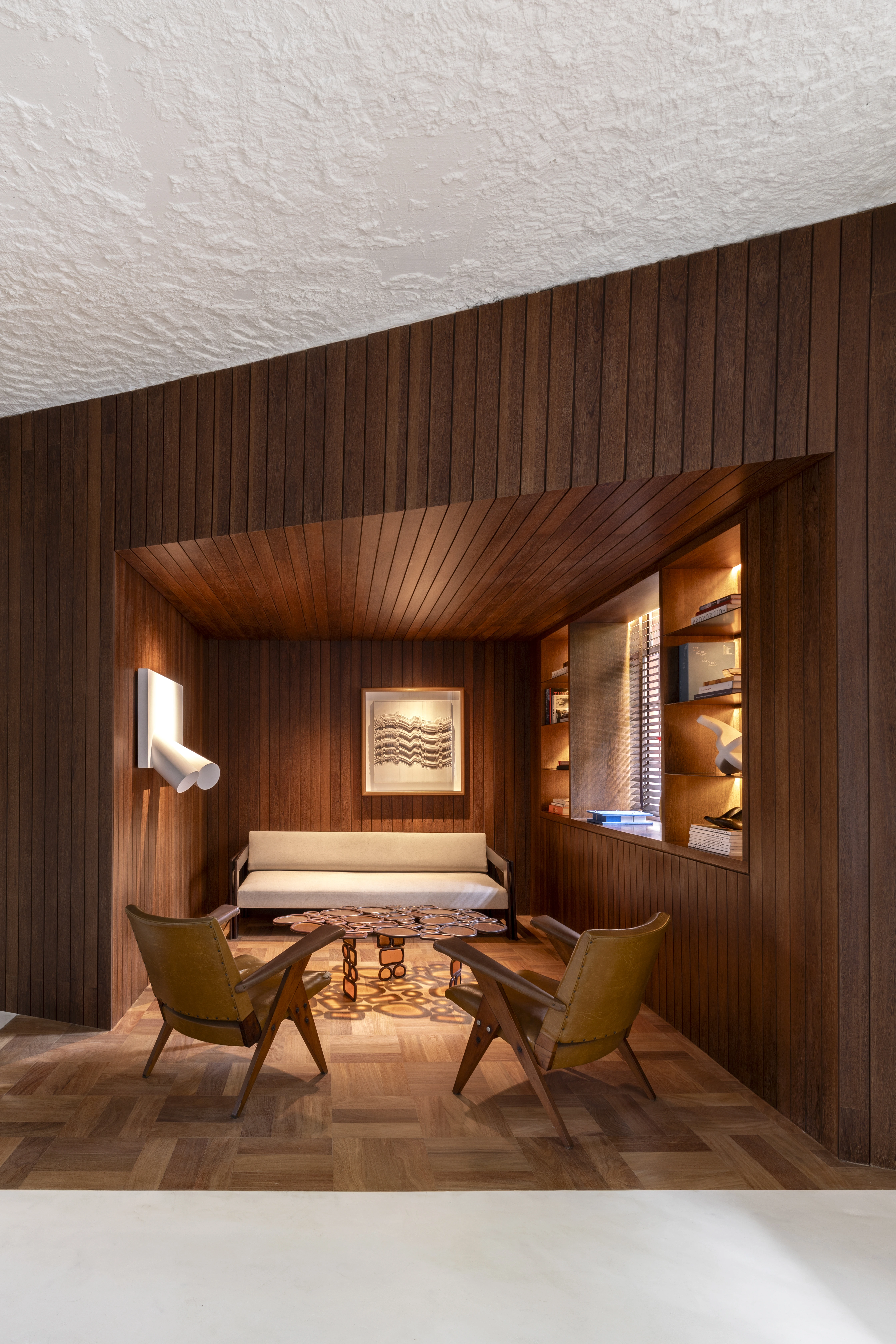 Elegant interior with wooden furniture and artwork