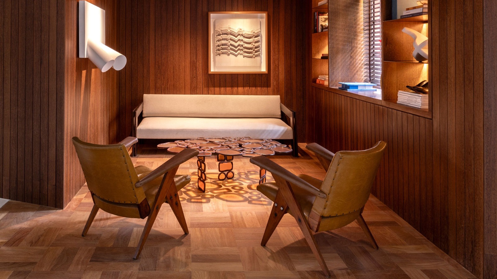 Elegant interior with wooden furniture and artwork